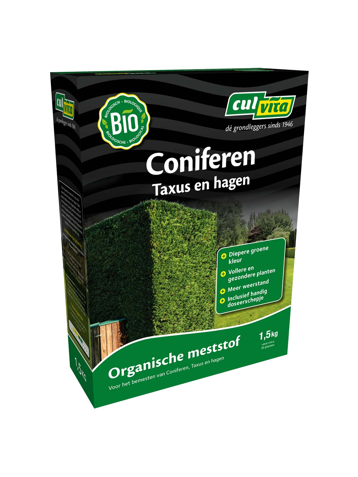 Culvita Coniferen meststof is voor alle groenblijvende heesters en hagen. Deze planten hebben extra magnesium nodig. In deze biologische meststof is dit in de juiste verhouding aanwezig. Dit zorgt voor gezonde groei en een diepgroene bladkleur. De toegevoegde bodemschimmels zorgen voor een gezonde haag.
